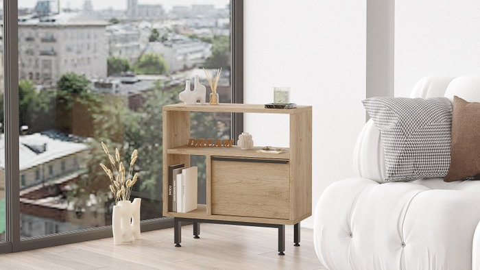 Hanah Home On6-S Mesa Auxiliar Madera Nogal Tablero Melamina 60x60x25.5cm Patas Metal Elegante Moderna